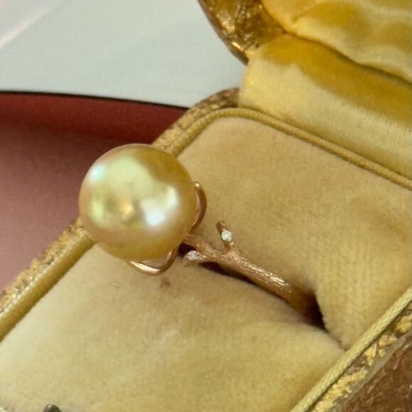 Natural South Sea Golden 12mm Pearl 14kt Ring with Accent Stones size 7.5 - Picture 2 of 8